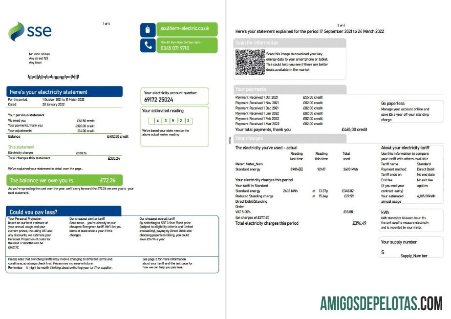 Para baxiar Conta de serviços públicos de energia SSE do Reino Unido, modelo Word e PDF, 4 páginas 1 2